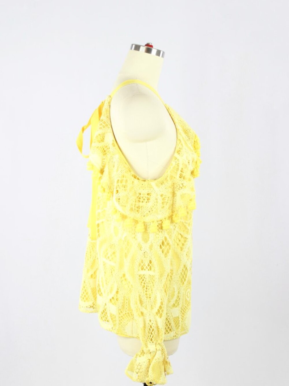 ALEXIS Adriana Yellow Lace Pom Pom Ruffle Cold Shoulder Tie Blouse, Size XS - Picture 6 of 15